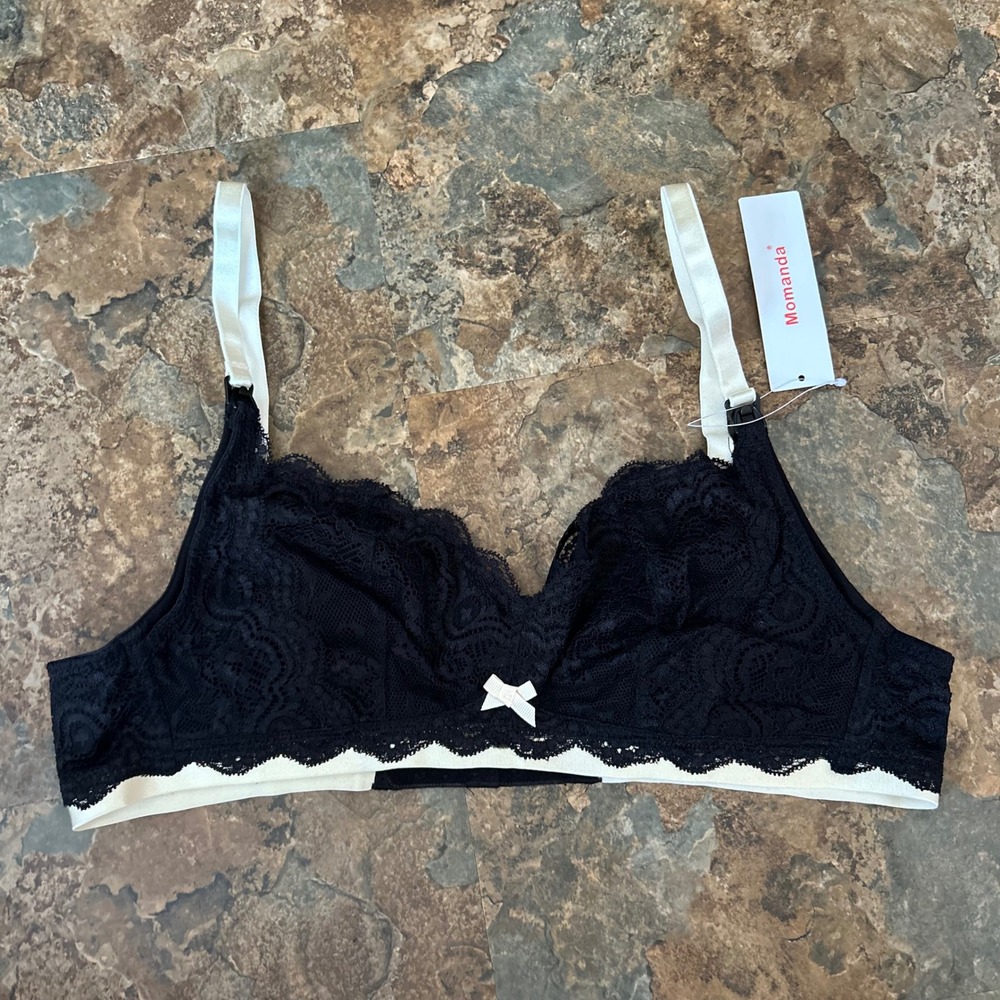 Momanda Wireless Unlined Nursing Bra Womens Size 38B Black Floral Lace Unpadded